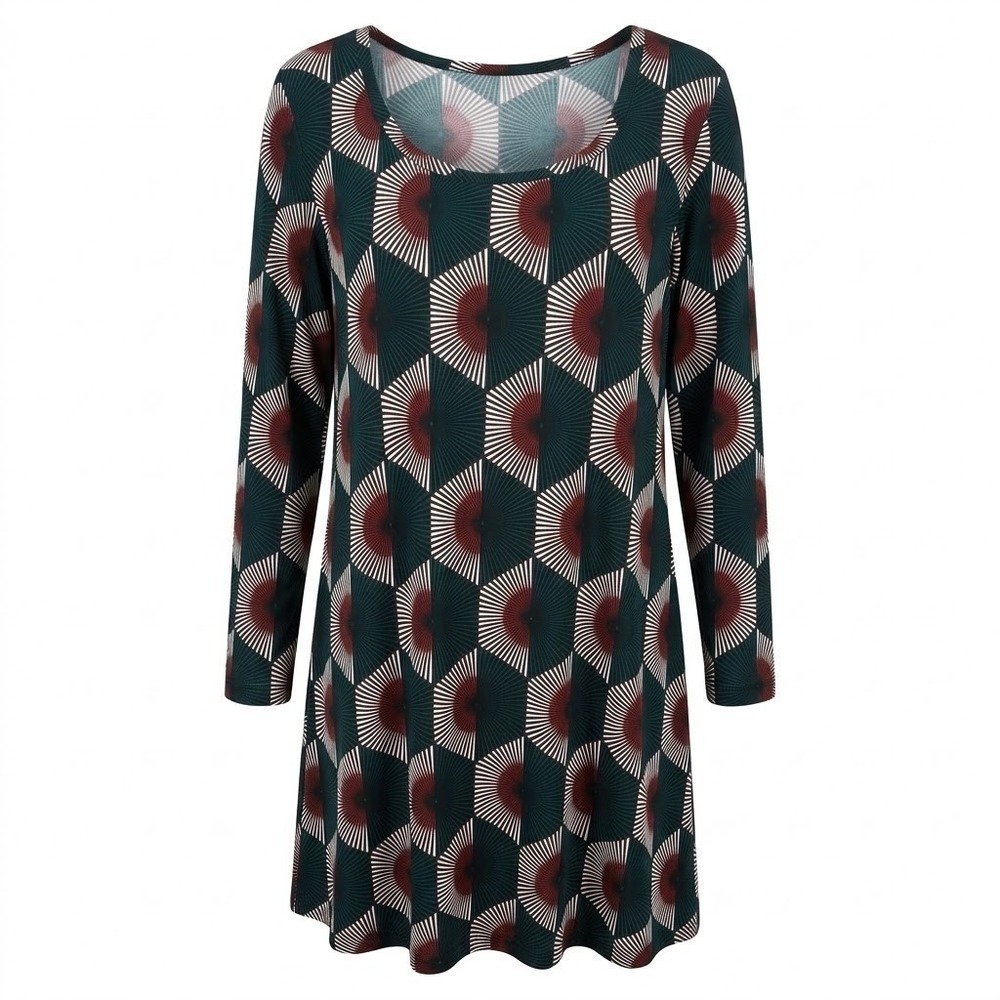 Niche Nilgun Derman 3X Tunic Top Mini Dress Fans Print Geometric Green Red USA‎